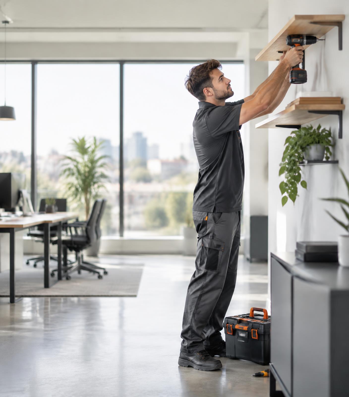 Technicien installant une étagère dans des bureaux modernes